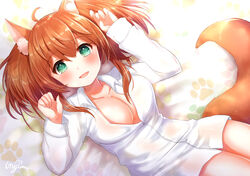  :d absurdres ahoge animal_ear_fluff animal_ears aqua_eyes blush breasts buttons cleavage collarbone collared_shirt commentary_request dress_shirt female fox_ears fox_tail hair_between_eyes hands_up highres long_hair long_sleeves looking_at_viewer medium_breasts naked_shirt oerba_yun_fang open_mouth orange_hair original paw_print shirt signature smile solo tail thighs twintails umishima_rinta white_shirt 