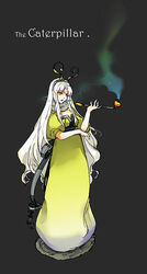  alice_in_wonderland caren_hortensia caterpillar_(alice_in_wonderland) caterpillar_(alice_in_wonderland)_(cosplay) commentary_request cosplay crimo fake_antennae fate/hollow_ataraxia fate_(series) female holding holding_smoking_pipe kiseru long_hair photoshop_(medium) smoking_pipe solo white_hair yellow_eyes 