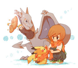  1boy aerodactyl bad_id bad_pixiv_id brown_hair floette floette_(red_flower) orange_hair piisuke_(ebiko) pikachu pokemon pokemon_(creature) pokemon_(game) scarf short_hair smile squatting trevor_(pokemon) 