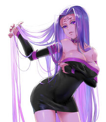  black_dress black_sleeves breasts cleavage collarbone commentary_request cowboy_shot detached_sleeves dress fate/stay_night fate_(series) female hisame_(gocbu) holding holding_own_hair large_breasts leaning_forward long_hair long_sleeves looking_at_viewer medusa_(fate) medusa_(rider)_(fate) open_mouth purple_eyes purple_hair short_dress simple_background solo standing strapless strapless_dress striped_clothes striped_dress tube_dress very_long_hair white_background 