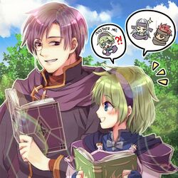  blue_eyes blush book canas_(fire_emblem) cape commentary_request female fire_emblem fire_emblem:_the_blazing_blade fire_emblem_heroes forest gloves green_hair hairband if_oki jaffar_(fire_emblem) legault_(fire_emblem) multiple_boys nature nino_(fire_emblem) open_mouth pegasus_knight_uniform_(fire_emblem) protected_link purple_hairband red_hair scar short_hair smile uncle_and_niece 