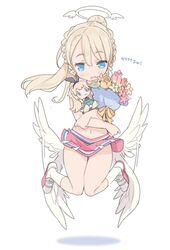  :3 alice_(grimms_notes) angel angel_wings birthday blade_(galaxist) blonde_hair blue_eyes blush braid character_doll cheerleader commentary_request female floating french_braid full_body halo liliana_hart long_hair navel open_mouth pleated_skirt pointy_ears ponytail pop-up_story simple_background skirt smile solo white_background wings 