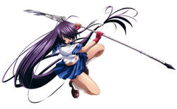  absurdres blue_skirt female guan_dao hair_over_one_eye highres holding holding_polearm holding_weapon ikkitousen kan&#039;u_unchou kneehighs long_hair looking_at_viewer midriff navel open_mouth photoshop_(medium) pleated_skirt polearm purple_hair rin-sin school_uniform serafuku shirt simple_background skirt socks solo spear weapon white_background white_shirt white_socks 