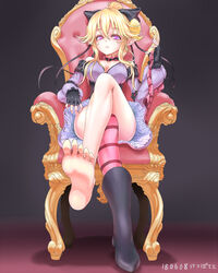  armchair barefoot blonde_hair boots cleavage feet female fingerless_gloves legs_crossed long_hair looking_at_viewer pink_eyes pointy_ears ponytail pov pov_feet shoes_removed single_shoe single_sock sitting socks_removed soles stella_morn striped_legwear succubus_quest toes 