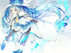  amana_raika black_gloves black_pantyhose blue_eyes blue_hair bow capelet commentary_request female fingerless_gloves gloves hair_ribbon hat hat_bow hatsune_miku holding long_hair necktie object_request open_mouth pantyhose ribbon shirt skirt smile solo suki!_yuki!_maji_magic_(vocaloid) twintails very_long_hair vocaloid witch_hat yuki_miku yuki_miku_(2014) 