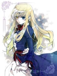  blonde_hair blue_dress blue_eyes bow commentary_request dress female heterochromia juliet_sleeves long_hair long_sleeves mary_clarissa_christie mogupen puffy_sleeves shikkoku_no_sharnoth solo steampunk_(liarsoft) waist_bow yellow_eyes 