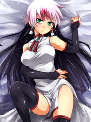  black_hair black_thighhighs commentary_request dress earrings elbow_gloves female gloves green_eyes hair_tubes jewelry long_hair looking_at_viewer luna_(yu-gi-oh!_zexal) mugicha_(sukimachaya) multicolored_hair necklace on_bed pink_hair sleeveless sleeveless_dress solo thighhighs two-tone_hair yu-gi-oh! yu-gi-oh!_zexal 