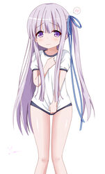  blue_buruma blush buruma chinese_commentary commentary_request embarrassed female gotou_jun gym_uniform highres legs long_hair one_side_up purple_eyes purple_hair ribbon shirt shirt_tug solo tears tenshi_no_3p! xiaosamiao 