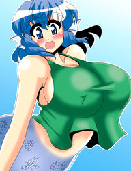  akasode_(tyaramu) animal_ears bare_shoulders blue_eyes blue_hair blush breasts cleavage commentary_request female fins head_fins highres huge_breasts looking_at_viewer mermaid monster_girl open_mouth short_hair smile solo tank_top touhou wakasagihime 