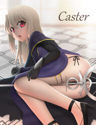  ass between_legs black_gloves black_panties cape choker commentary_request cosplay dress elbow_gloves fate/kaleid_liner_prisma_illya fate/stay_night fate_(series) female from_behind gloves high_heels highres illyasviel_von_einzbern long_hair looking_at_viewer looking_back lying medea_(fate) medea_(fate)_(cosplay) on_side open_mouth panties red_eyes side-tie_panties siraha solo staff thigh_strap tile_floor tiles underwear white_hair 