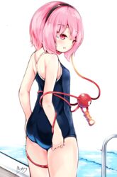  ass back bad_id bad_pixiv_id bare_shoulders blue_one-piece_swimsuit bob_cut breasts cowboy_shot eyeball eyebrows eyelashes female from_side hair_between_eyes hairband highres komeiji_satori looking_away looking_down maremay0513 medium_breasts one-piece_swimsuit pink_hair pool pool_ladder red_eyes school_swimsuit short_hair solo swimsuit third_eye touhou water 