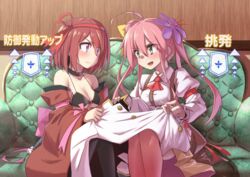  2girls ahoge bare_shoulders blush bob_cut bow breasts chocolate_cosmos_(flower_knight_girl) commentary_request flower flower_knight_girl green_eyes hair_flower hair_ornament long_hair mizunashi_(second_run) multiple_girls pink_hair purple_eyes red_hair saffron_(flower_knight_girl) short_hair smile twintails 