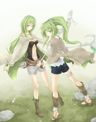  2girls anklet boots breasts caam_serenity_of_gusto choker cleavage clothing_cutout coat commentary_request duel_monster green_eyes green_hair highres jewelry long_hair looking_at_viewer multiple_girls navel navel_cutout open_clothes open_coat ponytail rr_(rr2) sandals shorts small_breasts smile thighlet wand wind winda_(yu-gi-oh!) winda_priestess_of_gusto yu-gi-oh! 