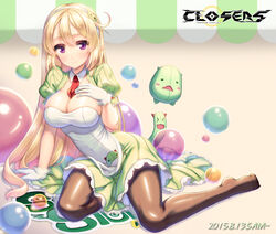  arm_support between_breasts blonde_hair breasts bubble cleavage closers commentary_request copyright_name detached_collar ecell female gloves hairband hand_on_own_chest large_breasts long_hair looking_at_viewer lying maid mascot necktie necktie_between_breasts on_side pantyhose photoshop_(medium) pointy_ears purple_eyes sabori saboten_store skirt smile white_gloves 