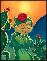  ambiguous_gender anthro cactus closed_eyes clothed clothing costume desert domestic_cat felid feline felis flower front_view half-length_portrait keovi mammal outside plant portrait solo sunset traditional_media_(artwork) zipper 