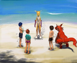  3_toes anthro bandai_namco beach canid canine clothed clothing detailed_background digimon digimon_(species) dripping feet female fur furry_problems group guilmon henry_wong human humor male mammal outside renamon rika_nonaka sand scalie seaside sky swimwear takato_matsuki terriermon third-party_edit toes topless wet wet_body wet_fur yellow_body yellow_fur young young_female young_human young_male おしょー_(artist) 