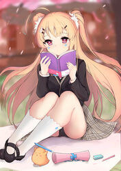  absurdres ahoge azur_lane bird black_footwear black_jacket black_panties blazer blonde_hair blue_bow blue_ribbon blurry blurry_background blush book bookmark bow brown_skirt closed_mouth commentary_request depth_of_field eldridge_(azur_lane) eldridge_(the_inquisitive_recluse)_(azur_lane) eraser facial_mark female hair_ornament hairclip hands_up heart highres holding holding_book jacket kana_(kuaua) kneehighs long_hair long_sleeves looking_at_viewer manjuu_(azur_lane) mary_janes official_alternate_costume open_book panties pen pencil photoshop_(medium) pleated_skirt red_eyes ribbon school_uniform shoes sitting skirt socks solo star_(symbol) two_side_up underwear very_long_hair white_socks 