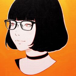  acrylic_paint_(medium) bad_id bad_tumblr_id black-framed_eyewear black_choker black_hair blunt_bangs bob_cut canvas_(medium) choker closed_mouth commentary female glasses ilya_kuvshinov orange_background original painting_(medium) photo_(medium) photoshop_(medium) portrait red_eyes short_hair simple_background solo traditional_media 