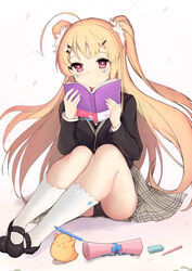  absurdres ahoge azur_lane bird black_footwear black_jacket black_panties blazer blonde_hair blue_bow blue_ribbon blush book bookmark bow brown_skirt closed_mouth commentary_request eldridge_(azur_lane) eldridge_(the_inquisitive_recluse)_(azur_lane) eraser facial_mark female hair_ornament hairclip hands_up heart highres holding holding_book jacket kana_(kuaua) kneehighs long_hair long_sleeves looking_at_viewer manjuu_(azur_lane) mary_janes official_alternate_costume open_book panties pen pencil photoshop_(medium) pleated_skirt red_eyes ribbon school_uniform shoes sitting skirt socks solo star_(symbol) two_side_up underwear very_long_hair white_socks 