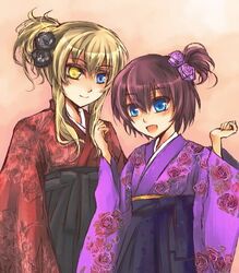  2girls alternate_hairstyle black_flower black_rose blonde_hair blue_eyes brown_hair commentary_request company_connection crossover flower hair_flower hair_ornament heterochromia japanese_clothes kimono liarsoft lily_(shiei_no_sona-nyl) mary_clarissa_christie multiple_girls purple_flower purple_rose rose shiei_no_sona-nyl shikkoku_no_sharnoth short_hair sidelocks smile steampunk_(liarsoft) suzuka_(once) yellow_eyes 