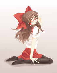  adjusting_eyewear alternate_costume bespectacled black_pantyhose bow brown_eyes brown_hair commentary_request female flan_(zhd91) glasses hairbow hakurei_reimu highres long_hair pantyhose photoshop_(medium) red_bow school_uniform serafuku sitting solo touhou wariza 