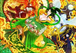  4girls antaria ass bare_shoulders black_hair blue_eyes breasts character_request chinese_clothes chinese_commentary chinese_mythology cleavage collarbone commentary_request dutch_angle feathers floral_print green_eyes green_hair heterochromia huge_breasts multiple_girls personification photoshop_(medium) red_eyes red_hair shan_hai_jing sheath sheathed snake sword thigh_gap unmoving_pattern weapon wings 