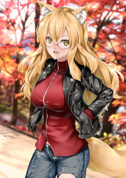  :d absurdres animal_ears black_jacket blonde_hair blue_pants breasts commentary_request cowboy_shot fangs fate/grand_order fate_(series) female floating_hair glasses hand_in_pocket highres jacket kamehito large_breasts leather leather_jacket long_hair looking_at_viewer open_clothes open_jacket open_mouth outdoors pants red-framed_eyewear red_jacket slit_pupils smile solo standing suzuka_gozen_(fate) suzuka_gozen_(traveling_outfit)_(fate) tail torn_clothes torn_pants unzipped wolf_ears wolf_tail yellow_eyes 