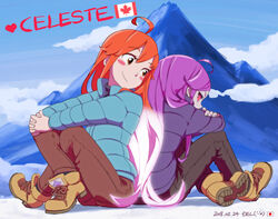  2girls ahoge artist_name back-to-back badeline blue_coat blush_stickers boots brown_eyes brown_pants canadian_flag celeste_(video_game) closed_mouth cloud coat colored_sclera commentary copyright_name crossed_legs dark_persona dated day del-chan dual_persona glowing glowing_hair highres japanese_flag long_hair looking_back madeline_(celeste) mountain multiple_girls orange_hair outdoors own_hands_together pants photoshop_(medium) profile purple_coat purple_hair red_sclera sitting sky smile very_long_hair 