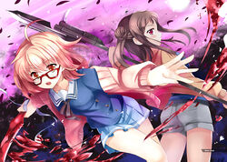  2girls black_hair blood inami_sakura kuriyama_mirai kyoukai_no_kanata moon pink_hair red_eyes seifuku skirt spear sword weapon xephonia 