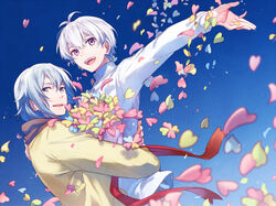  2boys asahikawa_hiyori blue_background commentary_request gradient_background idolish7 long_hair looking_at_viewer male_focus multiple_boys osaka_sougo outstretched_arm waist_hold white_hair yotsuba_tamaki 