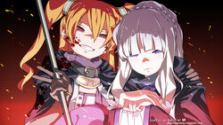  2girls artist_name blood blood_on_clothes blood_on_face braid cape closed_mouth commentary dated del-chan embers evil_grin evil_smile fault grin hair_between_eyes hand_on_another&#039;s_shoulder highres holding holding_staff japanese_flag koko_(fault) long_hair looking_at_viewer mharie multiple_girls own_hands_together photoshop_(medium) purple_eyes red_eyes smile staff two_side_up upper_body v watermark web_address white_hair 