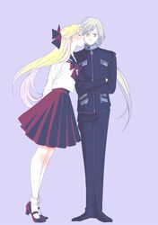  2girls aino_minako bishoujo_senshi_sailor_moon bishoujo_senshi_sailor_moon_stars blonde_hair bow commentary_request crossed_legs full_body grey_background hairbow half_updo juuban_high_school_uniform kissing kissing_cheek long_hair mary_janes multiple_girls pleated_skirt reverse_trap school_uniform serafuku shoes simple_background skirt standing surprised unesaison very_long_hair yaten_kou 