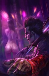  1boy ass aviator_sunglasses black_hair female glasses jacket looking_at_viewer no_more_heroes nude pole red_jacket shirt_pull sitting smile solo stripper stripper_pole sunglasses travis_touchdown upper_body weapon 