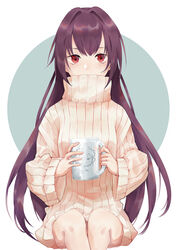  aqua_background bad_id bad_pixiv_id breasts coffee_mug covered_mouth cup fate/grand_order fate_(series) female hair_intakes highres holding holding_cup karen_ngao knees large_breasts legs_together long_hair long_sleeves looking_at_viewer mug photoshop_(medium) print_mug purple_hair red_eyes ribbed_sweater scathach_(fate) sitting solo sweater turtleneck turtleneck_sweater white_background wide_sleeves 