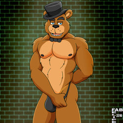  1:1 2016 alternate_species anthro anthrofied bear bow_(feature) bow_tie bulge clothing clothing_pull digital_media_(artwork) fabfelipe five_nights_at_freddy&#039;s freddy_(fnaf) fur furrification hi_res male mammal nipples pecs scottgames solo stripper thong underwear 