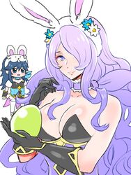  2girls animal_ears blue_eyes blue_hair bow bowtie breasts camilla_(fire_emblem) camilla_(spring)_(fire_emblem) chibi cleavage commentary_request detached_collar fake_animal_ears fire_emblem fire_emblem_awakening fire_emblem_fates fire_emblem_heroes gloves hair_over_one_eye large_breasts leotard long_hair looking_at_viewer lucina_(fire_emblem) lucina_(spring)_(fire_emblem) multiple_girls official_alternate_costume pantyhose playboy_bunny purple_eyes purple_hair purple_leotard rabbit_ears rabbit_tail smile strapless strapless_leotard tail very_long_hair white_background white_pantyhose wrist_cuffs zbrk 