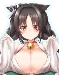  :3 anchor_hair_ornament animal_ears azur_lane bad_id bad_pixiv_id bell braid breasts brown_hair cat_ears cleavage collar commentary_request detached_sleeves female hair_ornament japanese_clothes kousi_sirazawa large_breasts long_hair long_sleeves looking_at_viewer neck_bell ooshio_(azur_lane) open_clothes open_shirt red_eyes solo twin_braids wide_sleeves 