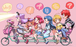  &gt;_o 1boy 6+girls ahoge aisaki_emiru android baby bicycle blonde_hair blue_dress blue_hair blue_skirt blush_stickers bow brown_eyes closed_eyes closed_mouth commentary_request cone_hair_bun copyright_name dated dress grey_legwear hair_bun hair_ornament hairbow hand_on_another&#039;s_shoulder harryham_harry harryham_harry_(human) highres hug-tan_(precure) hugtto!_precure isedaichi_ken kagayaki_homare long_hair looking_at_another low_twintails multiple_girls nono_hana one_eye_closed open_mouth orange_hair pink_background pink_bow pink_hair precure purple_hair red_hair ruru_amour short_hair simple_background skirt smile tandem_bicycle thighhighs twintails twitter_username white_skirt x_hair_ornament yakushiji_saaya yellow_eyes 