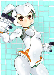  :&lt; android breasts commentary_request cowboy_shot female finger_cannon gunslinger_stratos hair_between_eyes joints photoshop_(medium) red_eyes robot_ears robot_joints shi_ecchi small_breasts solo white_hair xi-988 