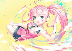  black_skirt blue_eyes breasts commentary female headset long_hair looking_at_viewer md5_mismatch medium_breasts nail_polish pink_hair pink_nails saban side_ponytail skirt smile solo star_(symbol) tattoo thigh_strap uni_(vocaloid) very_long_hair vocaloid wrist_cuffs 