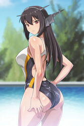  ass back_cutout bare_arms bare_shoulders black_hair black_one-piece_swimsuit breasts closed_mouth clothing_cutout commentary_request competition_swimsuit cowboy_shot day female from_behind hand_on_own_hip headgear kantai_collection large_breasts long_hair looking_at_viewer looking_back monteriakitto nagato_(kancolle) one-piece_swimsuit outdoors pool poolside red_eyes shiny_clothes shiny_skin solo swimsuit tree water 