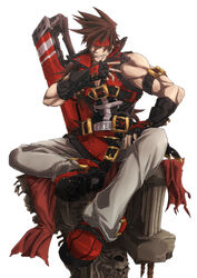  1boy bare_shoulders belt blonde_hair boots brown_hair commentary_request fingerless_gloves gloves guilty_gear guilty_gear_xrd hand_on_thigh headband highres junkyard_dog_mk_iii long_hair male_focus muscular oerba_yun_fang ponytail red_eyes sitting sol_badguy solo sword teeth vandana weapon 