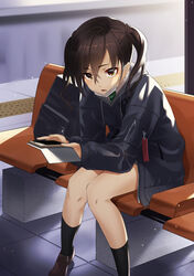  :o bad_id bad_pixiv_id black_jacket black_socks blurry brown_eyes brown_footwear brown_hair cellphone chair commentary_request crossed_bangs depth_of_field drawstring female fujimo_ruru green_necktie hair_between_eyes highres holding holding_phone hood hood_down hooded_jacket idolmaster idolmaster_cinderella_girls jacket kneehighs knees_together_feet_apart leaning_forward loafers long_hair long_sleeves looking_at_viewer mask mask_pull mole mole_under_eye mouth_mask necktie open_mouth outdoors phone sanpaku sharp_teeth shirt shoes sidelocks sitting sleeves_past_wrists smartphone smartphone_case socks solo sunazuka_akira surgical_mask tactile_paving teeth thighs tile_floor tiles train_station twintails wavy_hair white_shirt zipper_pull_tab 