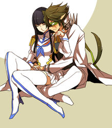  1boy animal_ears bad_id bad_pixiv_id black_hair blindfold blush breasts cat_ears cat_tail closed_eyes closed_mouth female full_body green_blindfold green_hair hug junketsu kemonomimi_mode kill_la_kill kiryuuin_satsuki large_breasts long_hair mojya sanageyama_uzu simple_background sitting sitting_on_lap sitting_on_person straight tail 