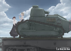  2girls black_skirt blonde_hair blowing blue_eyes boots brown_eyes brown_footwear brown_hair caterpillar_tracks cloud collared_shirt commentary_request dandelion dandelion_seed day flower ft-17 hammer highres holding holding_flower koitsu_tera_auau long_skirt long_sleeves looking_to_the_side military military_vehicle motor_vehicle multiple_girls on_vehicle original outdoors own_hands_clasped own_hands_together ponytail profile puffy_short_sleeves puffy_sleeves shirt short_hair short_sleeves sitting skirt sky sledgehammer standing tank train white_shirt wind 