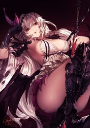  armor armored_boots armpits bare_shoulders boots breasts cleavage closed_mouth commentary_request copyright_notice dark_jeanne dress elbow_gloves feather_trim feathers female genyaky gloves granblue_fantasy hair_ornament hand_to_head holding holding_sword holding_weapon jeanne_d&#039;arc_(granblue_fantasy) large_breasts legs long_hair looking_at_viewer lying medium_breasts on_back red_eyes sideboob signature solo sword thighs very_long_hair weapon white_dress white_hair wings 