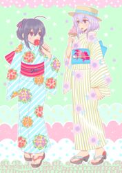  2boys ahoge black_hair bow candy_apple commentary_request crossdressing food hairbow hat highres honebami_toushirou ice_cream japanese_clothes kimono male_focus multiple_boys nagano_rira namazuo_toushirou obi obidome obijime otoko_no_ko purple_eyes purple_hair sandals sash star_(symbol) tongue tongue_out touken_ranbu yukata 