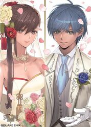  1boy blue_hair breasts brown_eyes brown_hair cleavage commentary_request dress earrings fayt_leingod female flower formal gloves green_eyes jewelry long_hair looking_at_viewer necklace official_art saionji_reimi smile square_enix star_ocean star_ocean_anamnesis star_ocean_the_last_hope star_ocean_till_the_end_of_time suit wedding_dress white_gloves yasuda_akira 