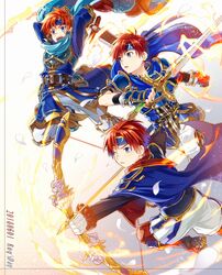  armor blue_eyes bow_(weapon) cape commentary_request cosplay dual_persona durandal_(fire_emblem) eliwood_(fire_emblem) eliwood_(fire_emblem)_(cosplay) fire fire_emblem fire_emblem:_the_binding_blade fire_emblem:_the_blazing_blade fire_emblem_heroes headband highres holding holding_weapon male_focus multiple_boys one_eye_closed open_mouth red_hair roy_(brave_lion)_(fire_emblem) roy_(fire_emblem) roy_(valentine)_(fire_emblem) short_hair smile sword weapon yuki_(sumaburalove) 