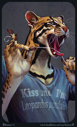  2011 ambiguous_gender clothing english_text felid feline flossing kamui_(artist) leopardus mammal margay ocelot open_mouth realistic shirt solo species_name text text_on_clothing text_on_shirt text_on_topwear tongue tongue_out topwear whiskers 